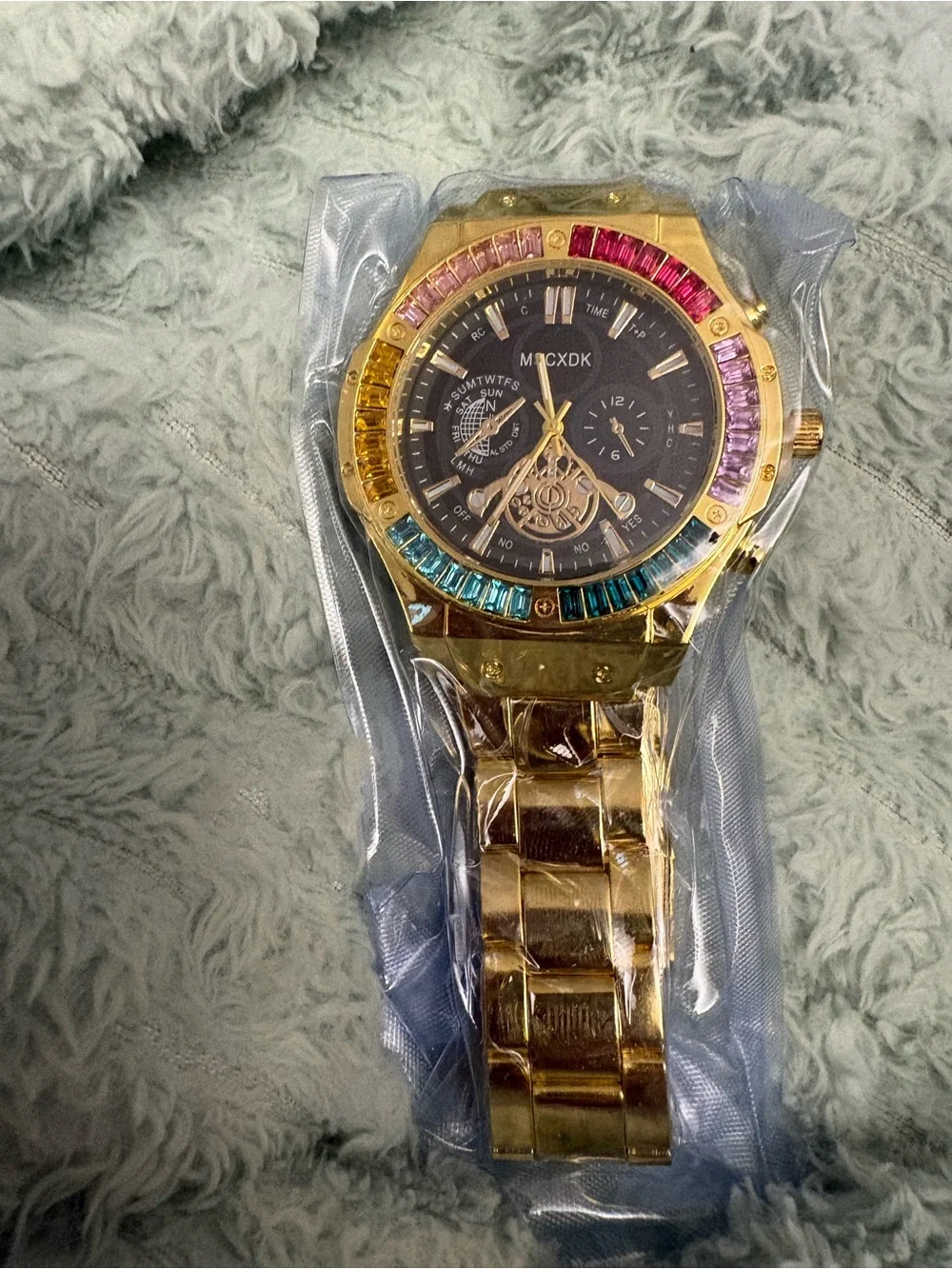 NEW-classic stunning rainbow Gold-Tone Multi-Color Crystal Watch